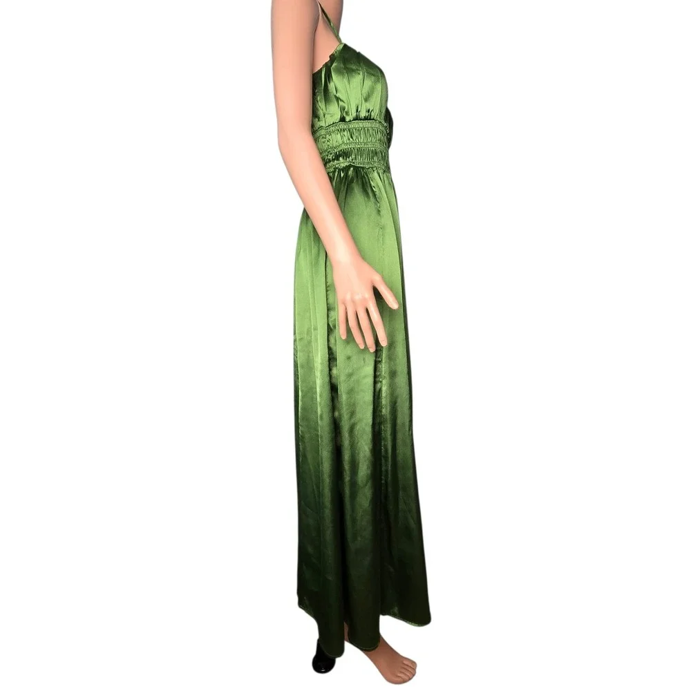 Abercrombie & Fitch Olive Green Satin Smocked Maxi Dress Slit Formal M Medium